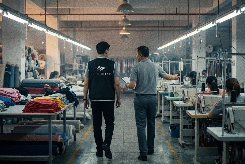 Two Silk Road staff walking the floor of a garment factory, past rows of sewing machines and stacked fabric
