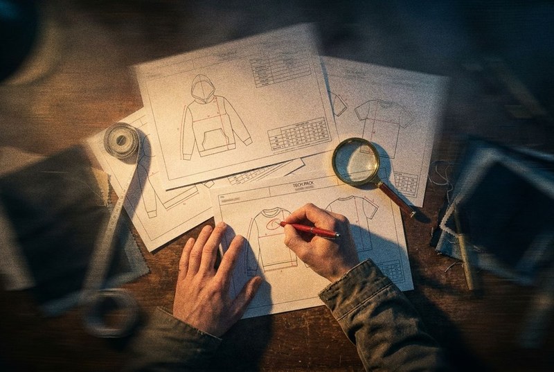 Hands marking up tech pack drawings of a hoodie and a tee, with a tape measure and a magnifier on the desk