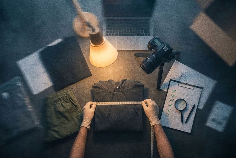 A garment measured with a tape on an inspection table under a lamp, beside a camera and a QC clipboard